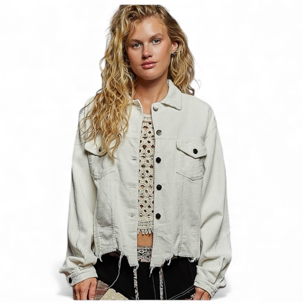 POL Trucker Jacket White Big Wale Corduroy Jacket Raw Hem Relaxed Fit Size M
